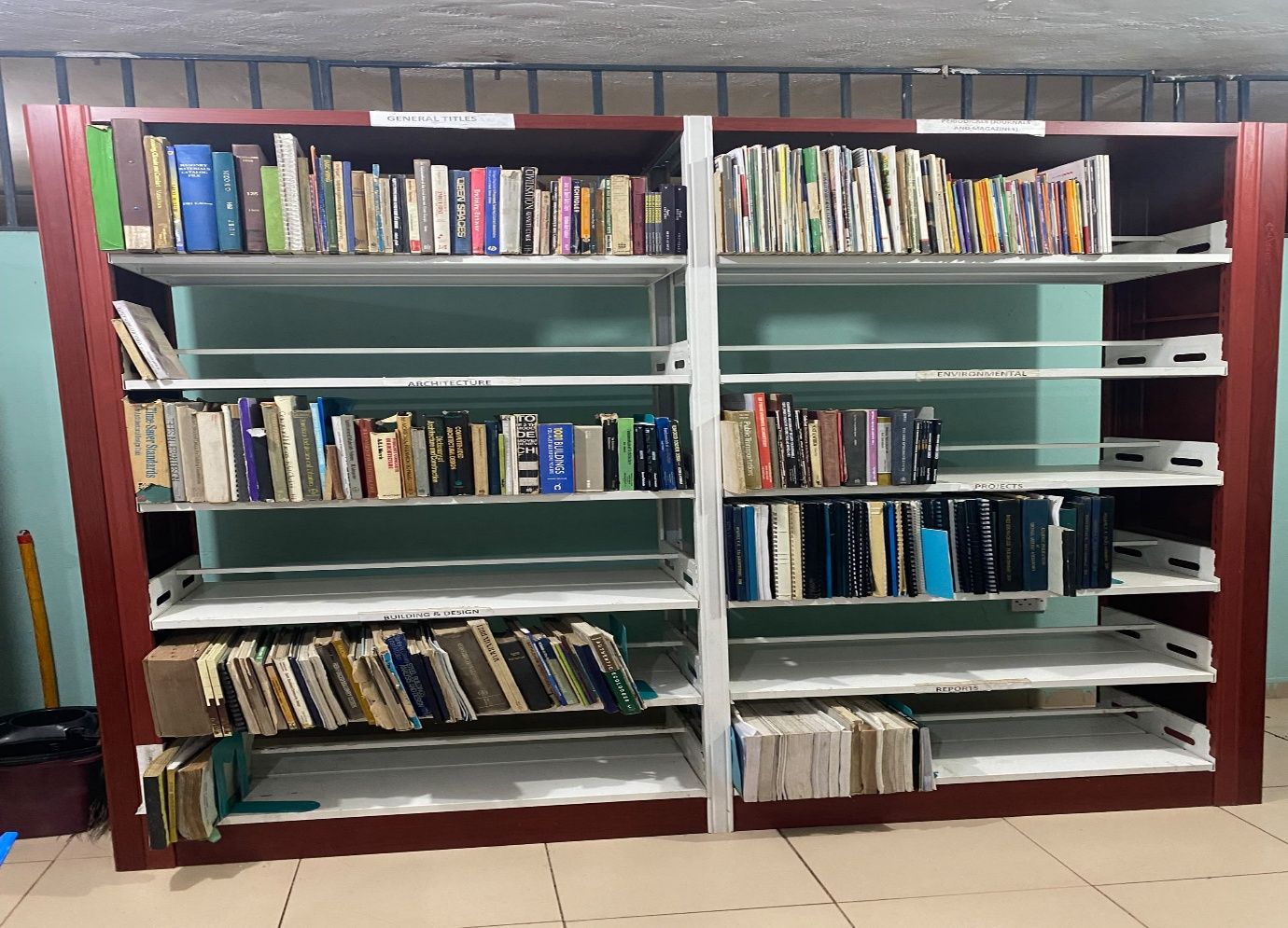 Shelves labelled Architecture, Building and Design, Environmental and Projects