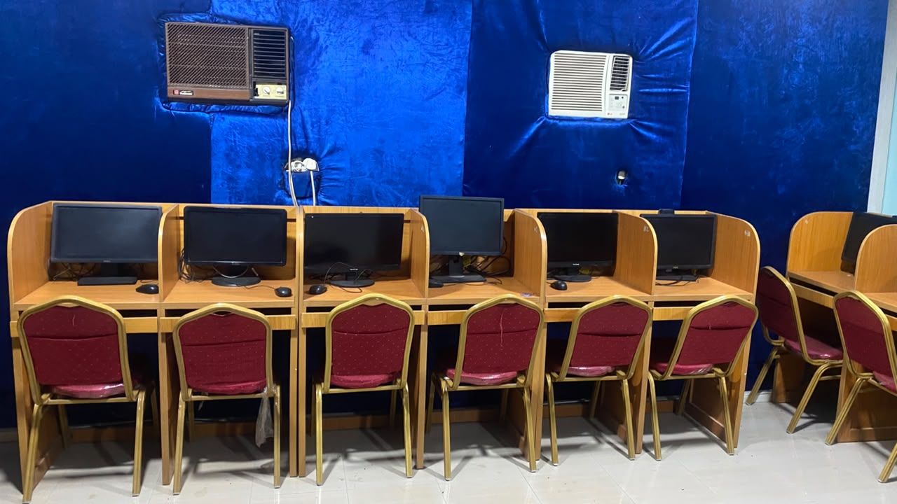 Row of computer workstations in the e-library