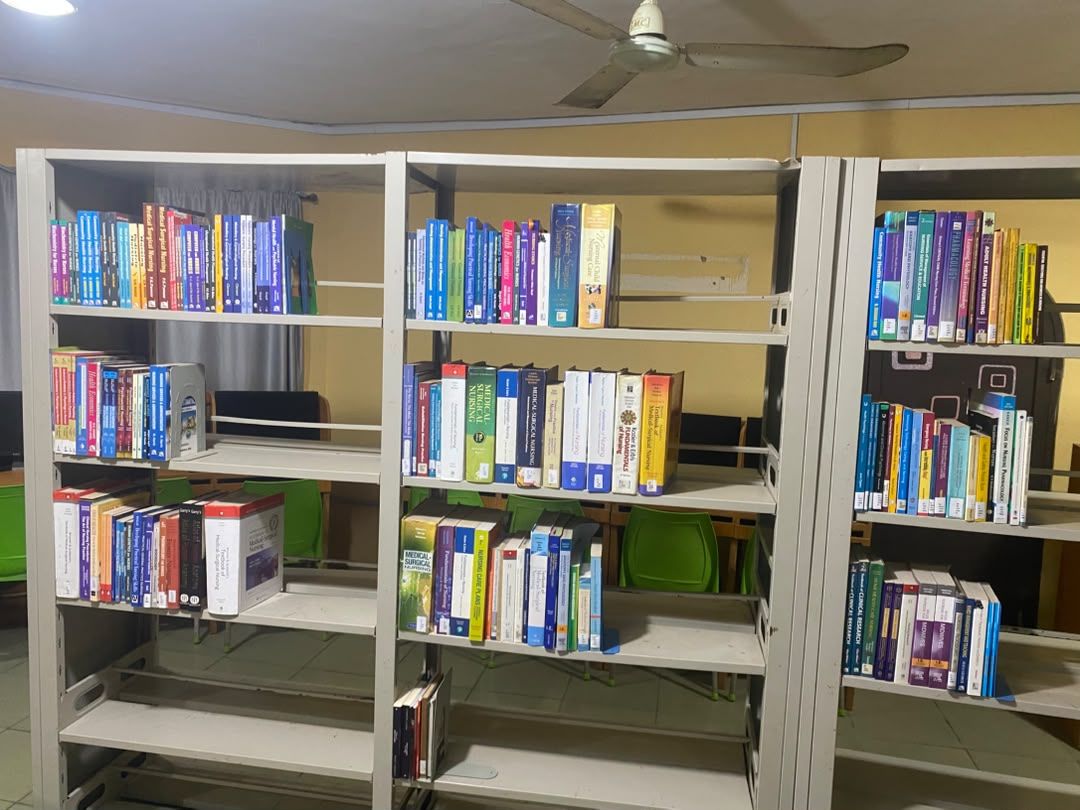 Shelves of nursing and medical-surgical textbooks