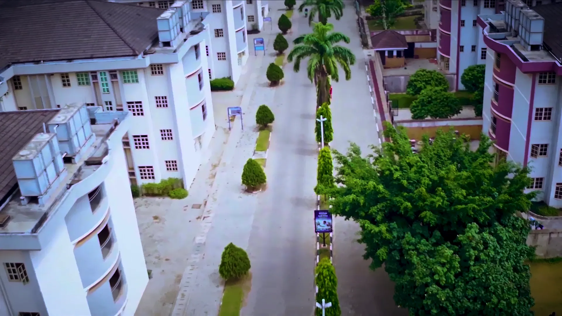 Aerial view of a landscaped campus courtyard