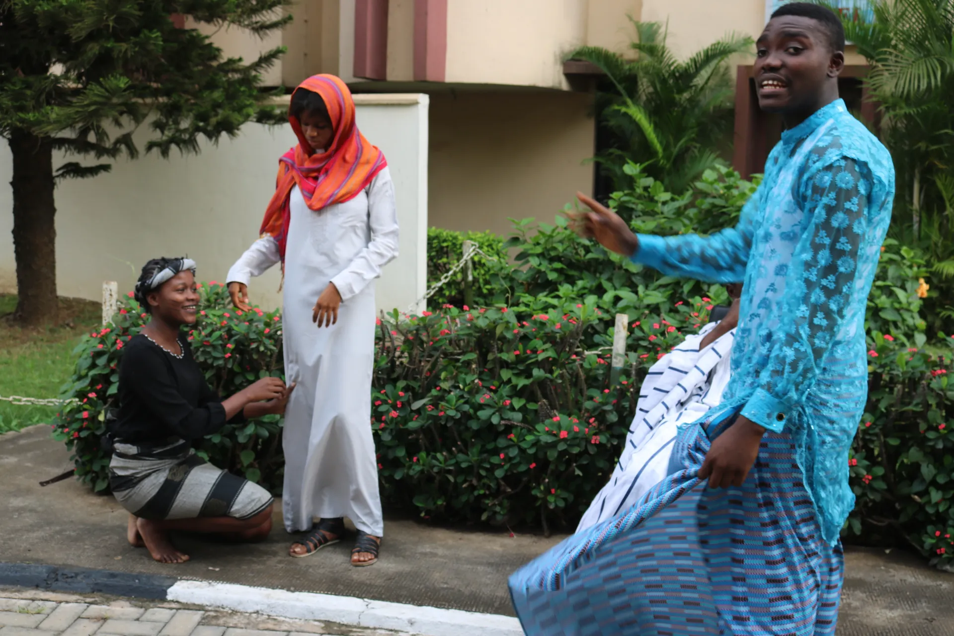 Students performing an outdoor drama scene