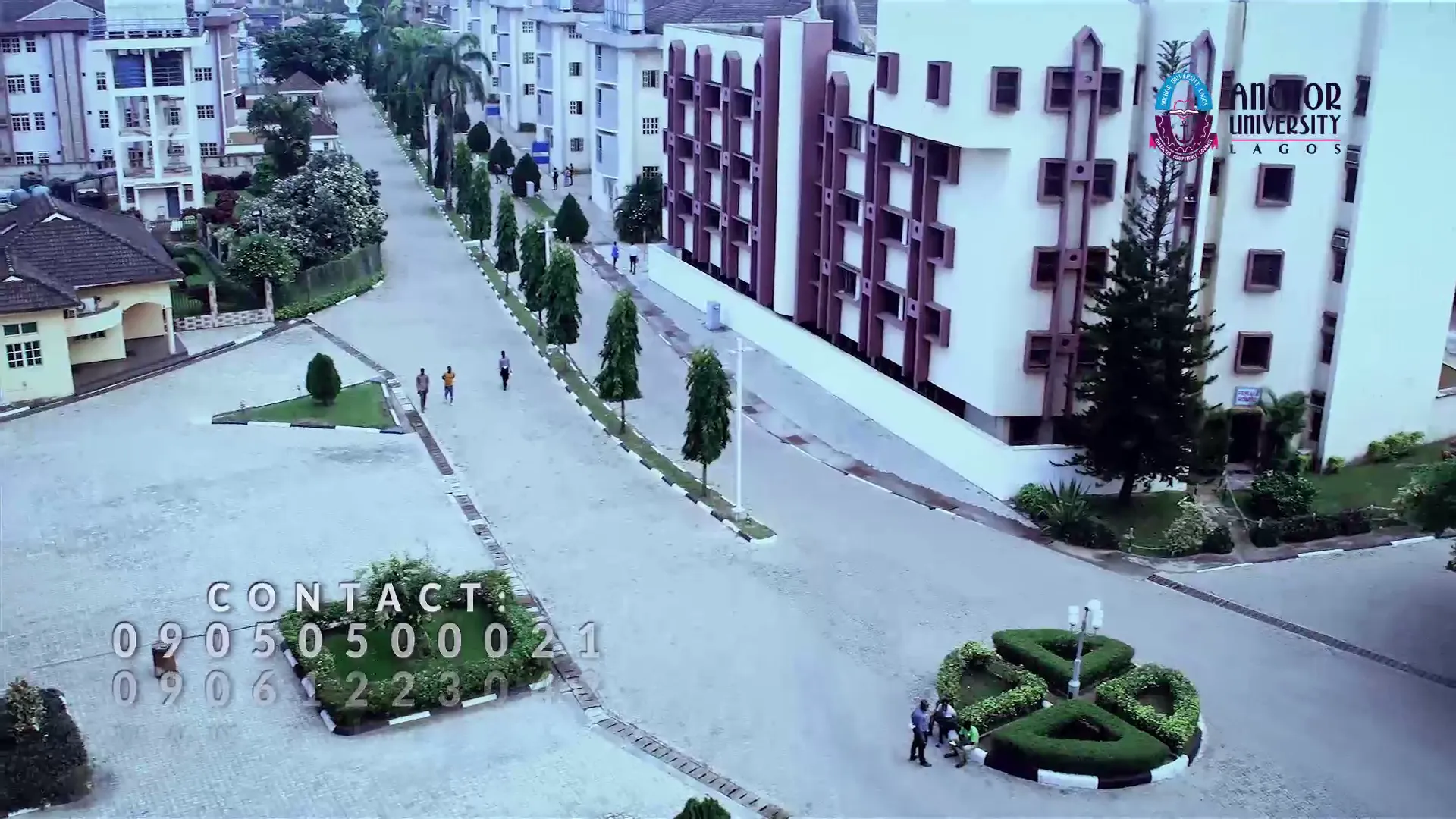 Aerial view of campus buildings and a courtyard