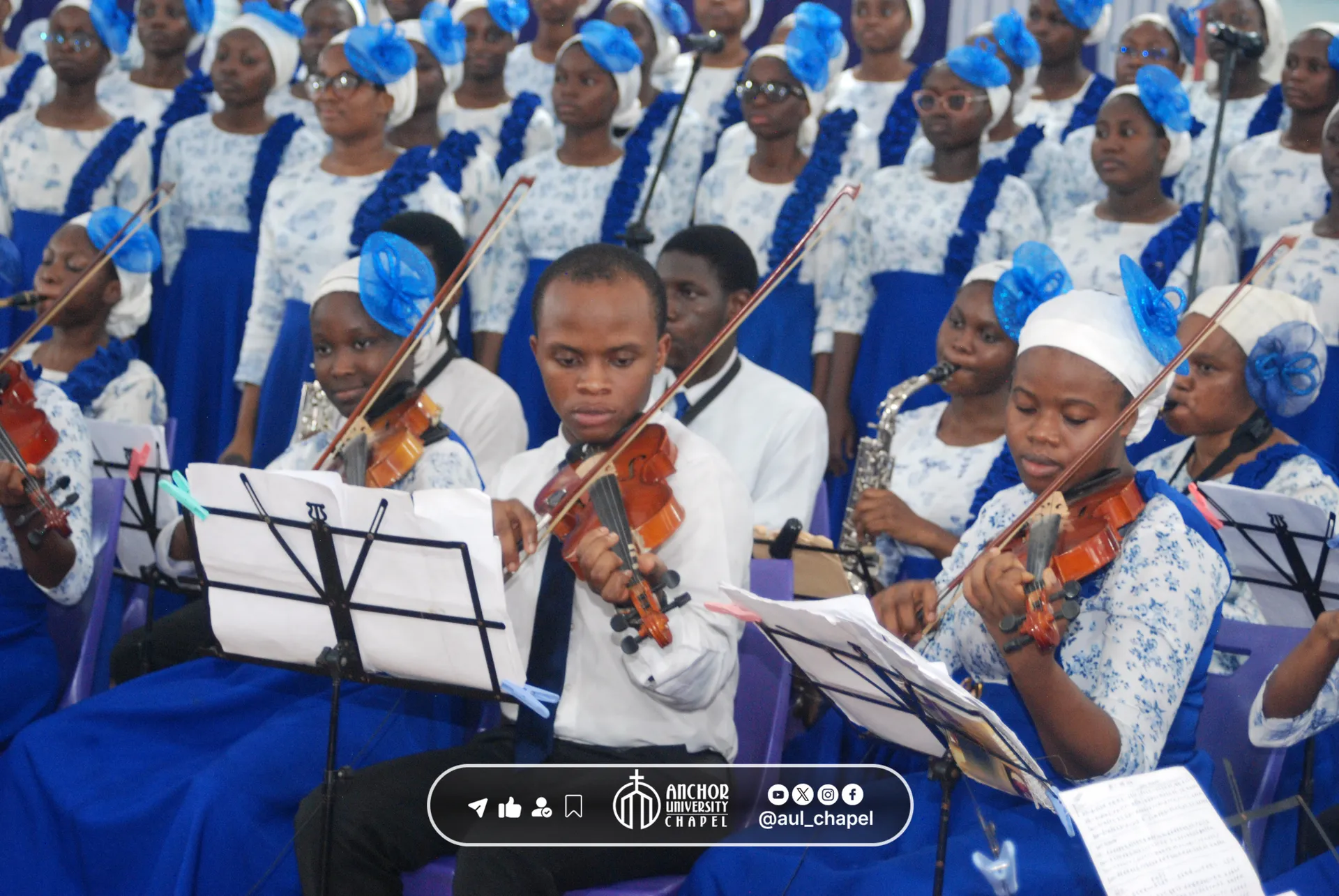 Choir members performing with musical accompaniment