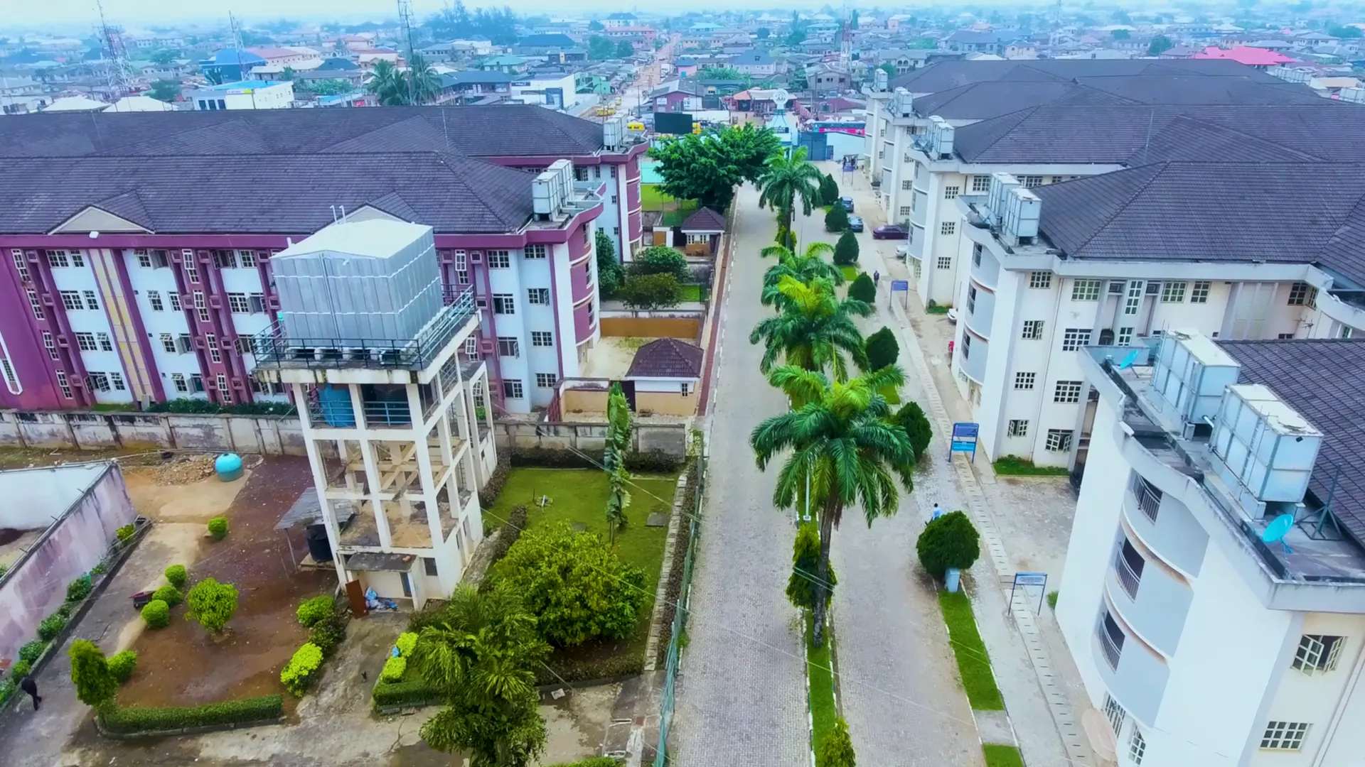 Aerial view across campus buildings