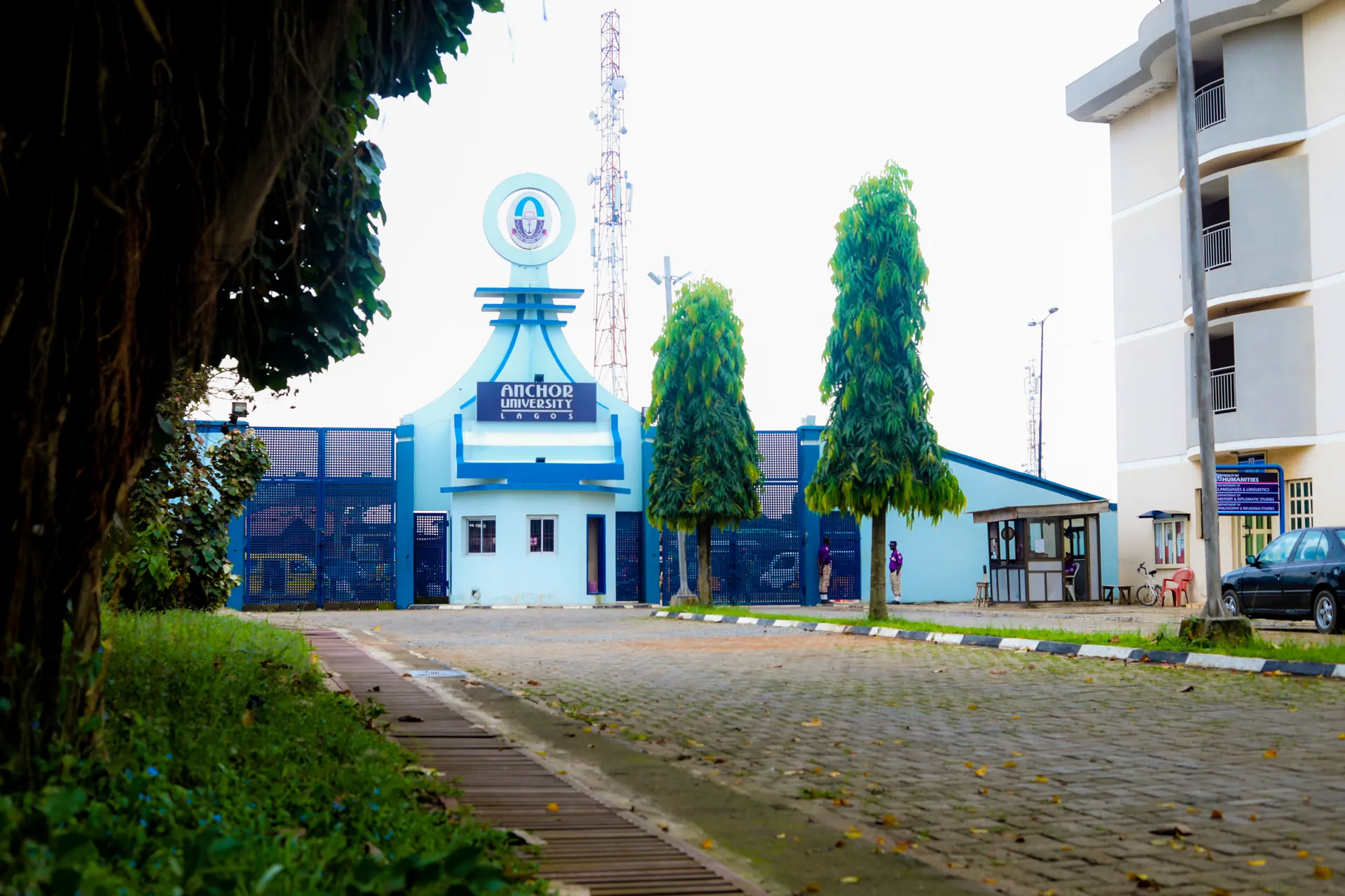 University entrance viewed from the campus grounds